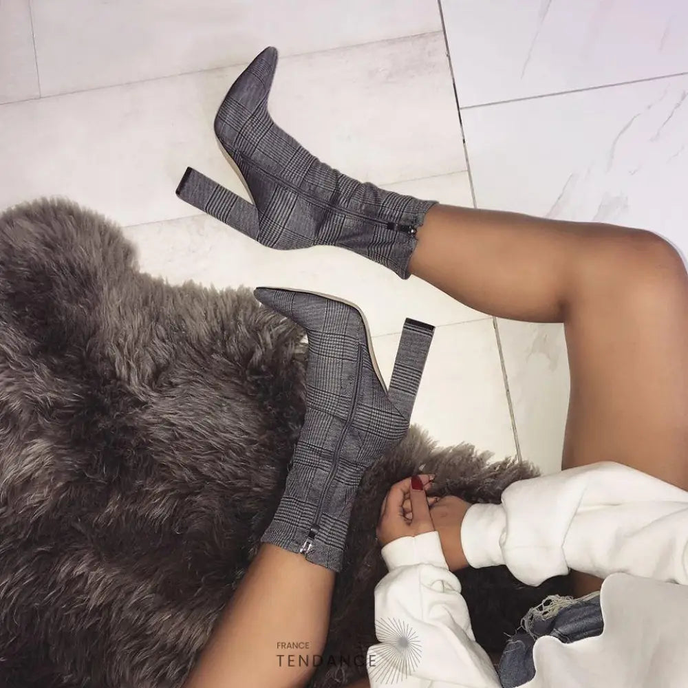 Bottes à Talons Carreaux Gris | France-Tendance