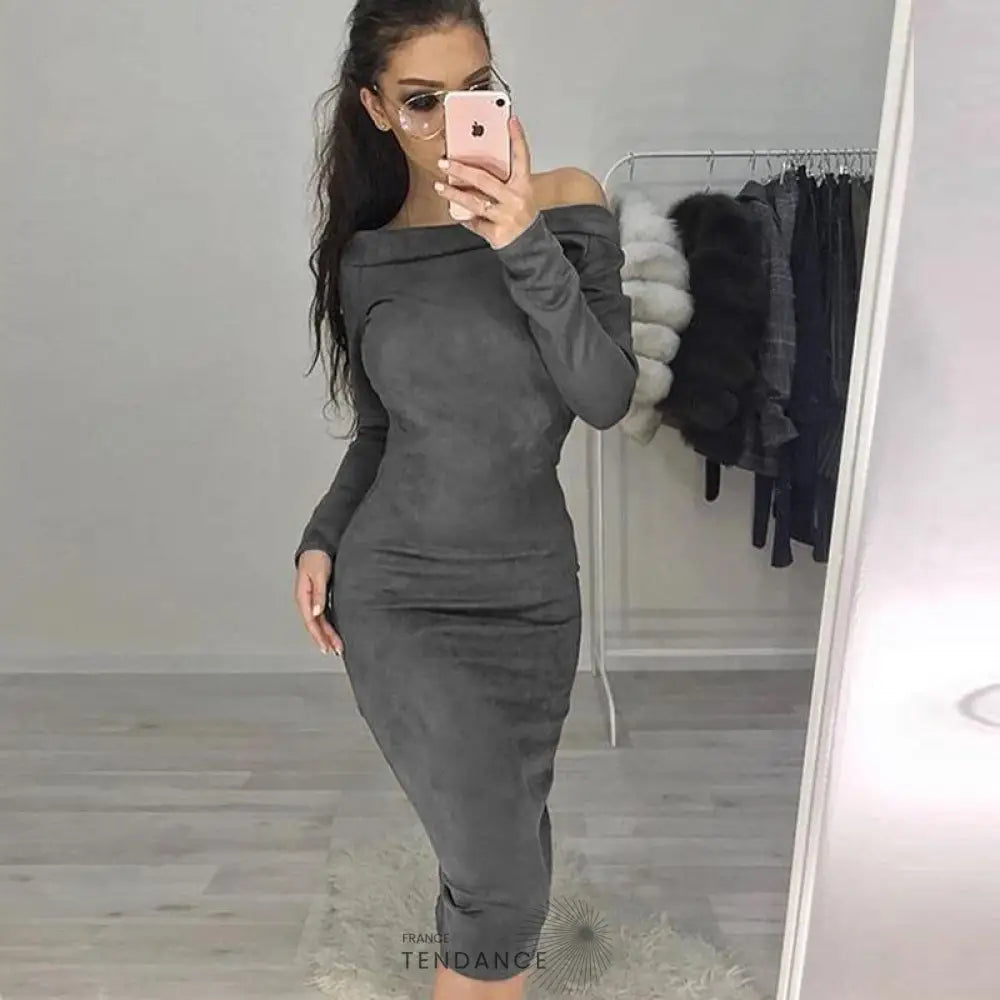 Robe Effet Daim Epaules Dénudées | France-Tendance