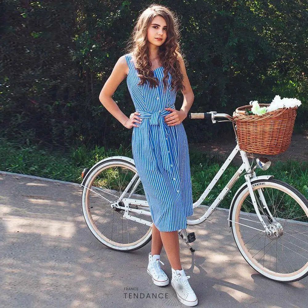 Robe Mi-longue Bleue Rayée | France-Tendance