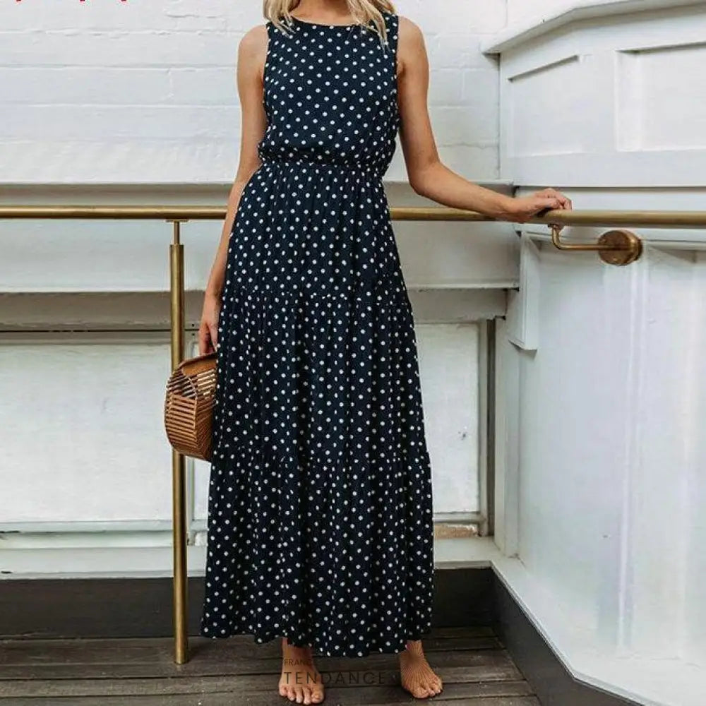 Maxi Robe Polka Sans Manches | France-Tendance