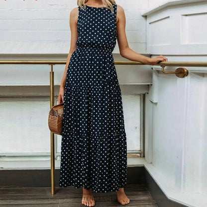 Maxi Robe Polka Sans Manches | France-Tendance